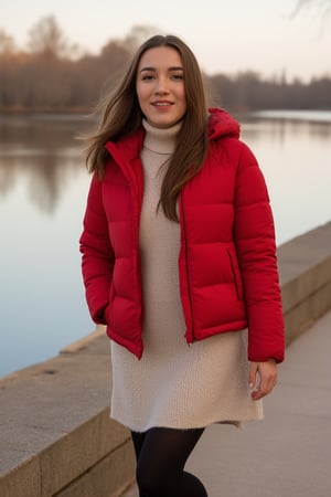 longbrownhair,  longbrownhair walks along the evening winter embankment. She is wearing a red down jacket and a cream short woolen dress. ,
