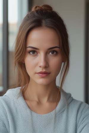 RAW photo, a Haley , upper body, (taking a selfie in a car), navy blue hoodie,,  lipstick, soft lighting, high quality, highres, sharp focus, extremely detailed, (sunlight on face), beautiful detailed eyes, masterpiece, cinematic lighting, dslr, Fujifilm XT3