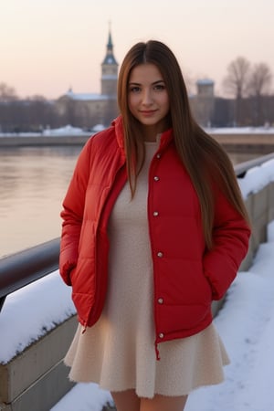 longbrownhair,  longbrownhair walks along the evening winter embankment. She is wearing a red down jacket and a cream short woolen dress. ,
