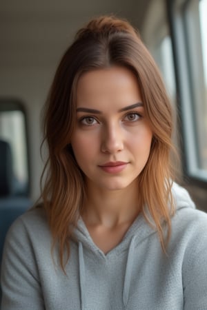 RAW photo, a Haley , upper body, (taking a selfie in a car), navy blue hoodie,,  lipstick, soft lighting, high quality, highres, sharp focus, extremely detailed, (sunlight on face), beautiful detailed eyes, masterpiece, cinematic lighting, dslr, Fujifilm XT3