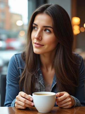 "A serene morning scene: a 30-year-old female sits solo at an indoor café, cradling a cup of steaming coffee between her palms as she gazes wistfully into the distance, the camera's lens framing her contemplative expression against a soft, diffused background of city life."