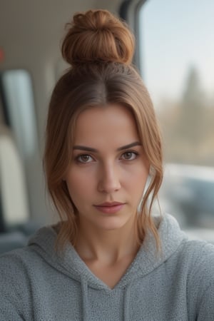 RAW photo, a Haley , upper body, (taking a selfie in a car), navy blue hoodie,,  lipstick, soft lighting, high quality, highres, sharp focus, extremely detailed, (sunlight on face), beautiful detailed eyes, 