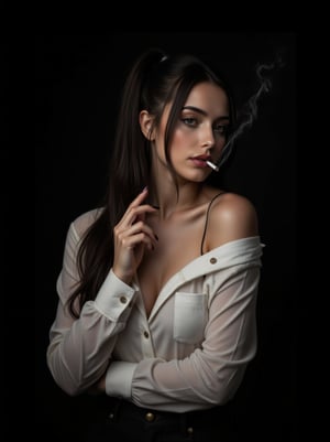 Nayane A beautiful woman with black long high pony hair standing to the side with a cigarette in her mouth with smoke and a wiskey glass in one hand, she is wearing a white rock style unbuttoned shirt, the background is all black, the glasses are at her head height, the whiskey glasses are behind her, light from right side, left part is in shadow, masterpiece, white balance, 16k, 