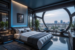 A highly realistic and cinematic scene of a futuristic bedroom, very spacious, with a single bed featuring blue neon details. The room includes a modern desk with a state-of-the-art laptop, and a large window offering a breathtaking view of a city of the future. The lighting is soft and ambient, highlighting the sleek, minimalist design. The composition is balanced, with the bed and desk positioned symmetrically, capturing the essence of modern luxury and technological advancement.