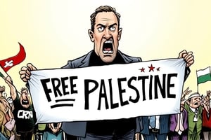 Angry man hold banner write (FREE PALESTINE), angry potestors background ,cartoon1 