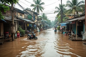 A flooded street in a Malay village during monsoon season, with murky brown water rushing past wooden houses and shops. A lone motorbike floats on the surface, its owner nowhere to be seen. In the background, palm trees sway gently in the wind, their leaves heavy with rainwater. The atmosphere is eerie and abandoned.,terpaling