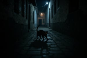 A darkened alleyway at midnight, illuminated only by a faint moon casting eerie shadows on the walls. A sleek and menacing black cat, its eyes glowing like lanterns in the darkness, crouches low to the ground, tail twitching ominously as it surveys its surroundings with an unblinking gaze.,Mamulengo