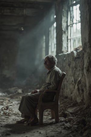 Close-up shot of Yahya Sinwar sitting on a worn, wooden chair amidst the ruins of an abandoned building. The chair is situated in the center of a dimly lit room, surrounded by crumbling walls and debris. The old man's face is weathered and worn, his eyes squinting slightly as he gazes into the distance. Flickering sunlight filters through broken windows, casting eerie shadows across his aged features.,softcolor,peribadi