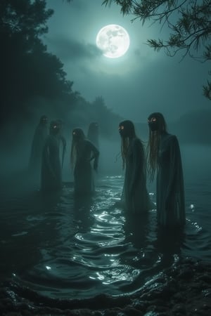 A chilling scene unfolds: a misty moonlit night, with the eerie glow of a full moon casting an unearthly light on the dark waters. A group of ghostly women, their faces deathly pale and eyes glowing with an otherworldly intensity, begin to emerge from the depths of a murky pond. Their long hair flows like seaweed as they rise up, their ethereal forms undulating like mist in the moon's silvery beam.,shadowpuppet