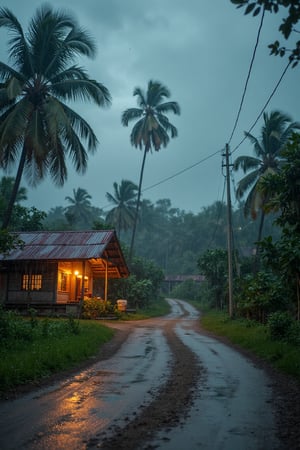 A serene scene unfolds: a traditional Malay home, Rumah Melayu, stands proudly amidst a lush garden, its walls adorned with intricate carvings. A torrential rain, hujan lebat, pours down, drumming a rhythmic beat on the corrugated metal roof. The dirt road, worn and weathered, stretches out like a ribbon, flanked by towering coconut trees, their fronds rustling in the gusty wind. A warm light spills from within, casting a cozy glow on the rain-soaked landscape.,peribadi