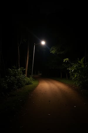 The image depicts a tranquil night scene on a forest path. A single street lamp casts a warm glow, illuminating the ground and creating a stark contrast with the surrounding darkness. The path itself is unpaved and appears to be lightly dusted with fallen leaves, suggesting it may have rained recently or that the trees are shedding their autumn foliage. The forest on either side of the path is dense with various types of vegetation, adding a sense of depth and seclusion to the scene. There are no visible people or man-made structures in the immediate vicinity, enhancing the natural and serene atmosphere of the setting.,impian