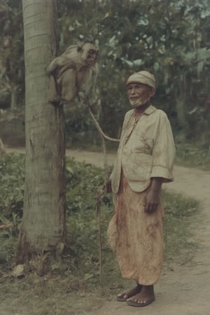 A gentle monkey climbs a palm tree trunk. An elderly Malay man, dressed in traditional attire, holds a rope tied around the monkey's neck, guiding it with care and patience.,peribadi,softcolor