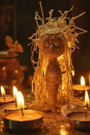 A warm glow emanates from the candles surrounding a mysterious figure crafted from melting wax. The soft, golden light casts a gentle ambiance on the waxy form's intricate details, as if infused with an ethereal essence. Flickering flames dance in the periphery, adding to the sense of mystique and wonder.,terpaling