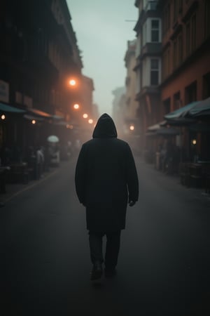 A dark figure emerges from the misty veil, shrouded in mystery as a walking shadow on a desolate city street at dusk. The faint orange glow of distant lamps casts long shadows behind, while the subject's silhouette is defined against the gray concrete backdrop.,impian