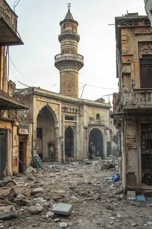 A ruined mosque stands amidst the rubble of war-torn streets, its once-majestic minaret now a shattered skeleton. Crumbling walls and cracked stone floors tell the tale of devastation. The air is heavy with dust and despair as debris covers the courtyard, where shattered tiles and fragments of Quranic verses lay scattered.,softcolor,terpaling