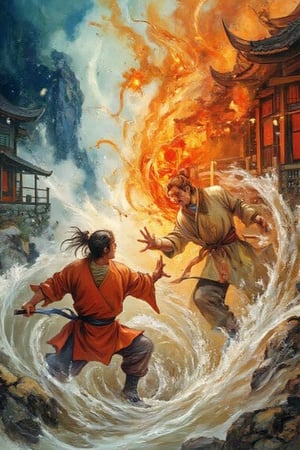 2 kungfu masters attack blind man. Kung fu master use power of water and fire from hands,bukukomik