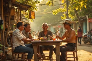 A nostalgic scene unfolding in a Malay village in the 1960s. A group of men, wear uncollar tshirt and jeans, no hat, gather around a wooden table at a rustic roadside stall (warong), sipping glasses of coffe on a scorching afternoon (petang). The warm sunlight casts a golden glow, illuminating the setting. The composition focuses on the group's camaraderie as they share stories and laughter, surrounded by lush greenery and the sounds of nature.,terpaling