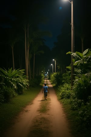 A serene scene unfolds as a Malay child walks alone on the dirt path under the gentle glow of night lights. The lush greenery that lines the path creates a picturesque backdrop, with tall trees and vibrant foliage illuminated by the soft ambiance. The child's small figure is framed by the winding path, their footsteps quiet on the earthy terrain.,impian