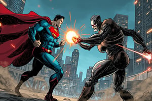 Superman stands tall, his iconic red and blue suit glowing under the bright metropolitan city lights as he faces off against Cyborg in a fierce battle. The Man of Steel's powerful fists fly towards Cyborg's mechanical body, but the villain retaliates with a barrage of laser blasts. The Metropolis skyline provides a dramatic backdrop, with towering skyscrapers and bustling streets eerily silent amidst the chaos. ,komikA