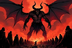 
This image depicts a towering demonic figure with red eyes, large horns, and an imposing stance, emerging from fiery volcanic terrain mixed with black clouds. the top of image is black cloud with vignette, with chaotic grunge strokes and messy, overlapping linework. The demon stands over an army of cloaked figures, their silhouettes illuminated by the low, dark fire beneath. The sky churns with ominous clouds in deep reds and blacks, evoking a sense of doom. The image is 60% dark, rendered in a low-key, semi-realistic style with detailed textures and tattoos on the demon's body. The scene is apocalyptic and mysterious, with a red fog enhancing the horror, while grunge strokes amplify the chaotic energy of the demon, making it more terrifying and raw, mparthan83,cinematicxhan ,cartoon1