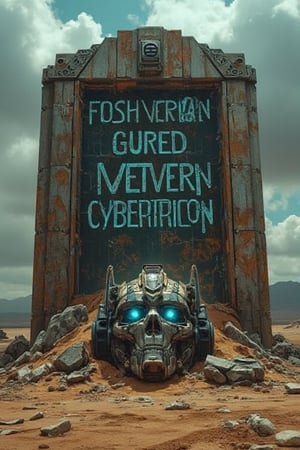 "Epic, cinematic depiction of a massive Transformer tomb in a post-apocalyptic desert. The tomb is built from ancient metal panels, with glowing blue engravings in Cybertronian script. The enormous, rusted head of a Transformer lies partially buried in the sand, and remnants of its shattered armor scatter the area. Dark clouds loom overhead, casting an eerie glow over the scene, giving a sense of reverence and mystery.",mancyborg