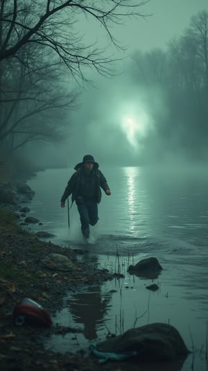 A misty dawn riverside scene: a frantic fisherman sprints along the water's edge, eyes aglow with fear, scattering his gear behind. In the distance, a ghostly form hovers above the rippling surface, its faint glow illuminating the eerie atmosphere. As he runs, sweat-drenched and wide-eyed, he glances back at the approaching specter, its wail piercing the morning air. The chill emanating from the ghost's ethereal aura causes the fisherman's breath to mist in front of him as he desperately flees the supernatural encounter.,terpaling