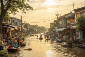 A serene afternoon along a winding riverbank, where traditional Malay houses (rumah-rumah) cluster together in a charming Peranakan settlement. The warm sunlight casts a golden glow on the wooden shophouses and ornate doorways, while wispy clouds drift lazily across the sky. Fishermen tend to their nets in the gentle current, as the soothing sounds of water and laughter fill the air.,terpaling