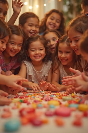 A warm and vibrant scene unfolds: a group of joyful children, their faces aglow with excitement, surround a colorful candy buffet. The framing captures a bird's-eye view of the sweet treat-filled table, as the kids' delighted chatter and giggles fill the air. Soft, golden lighting illuminates the scene, casting a gentle glow on the sugary delights. The composition is playful, with candy wrappers and scattered sweets adding to the festive atmosphere. Children pose with outstretched hands, grasping for their favorite treats, while others sit in rapt attention, eyes wide with wonder.,peribadi