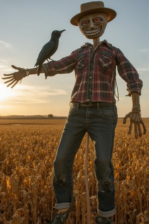 In the heart of a sprawling, golden wheat field, a decrepit scarecrow stands tall, its tattered form a testament to time's ravages. Faded flannel shirt hangs loosely over ripped jeans, held together by frayed threads, while a weathered straw hat tilts precariously atop the scarecrow's head. A burlap sack serves as a face, stitched eyes glinting menacingly beneath a wide, unsettling smile. As the late afternoon sun dips below the horizon, its warm glow casts long shadows across the field, where a few crows silhouette themselves against the sky. Meanwhile, one bold crow perches confidently on the scarecrow's shoulder, as if claiming dominion over this desolate yet strangely captivating landscape.,shadowpuppet