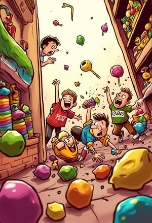 A playful scene of young children, kanak-kanak, excitedly grabbing candies inside a colorful candy store. Framed from a low angle, the camera captures the joyful chaos as they reach for their treats. Soft, warm lighting illuminates the sweet delights and enthusiastic faces, while vibrant colors of the candy displays add to the lively atmosphere.,cartoon1