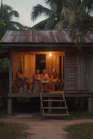 A warm glow emanates from the wooden house as a Malay family sips tea on the creaky porch. The rustic wooden boards and rusty metal roof are illuminated by the soft light of the setting sun casting long shadows across the dirt path. The family's laughter and gentle chatter fill the evening air, as they sit together in comfortable silence, surrounded by the simplicity of their humble abode.,softcolor,peribadi,impian