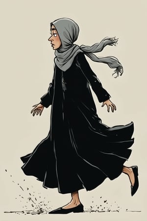 arab woman, wear grey hijab, black long sleeve and black long pant, kick the flover vast anggrily ,cartoon1