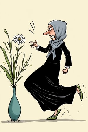 arab woman, wear grey hijab, black long sleeve and black long pant. She kick the flover vase anggrily ,cartoon1