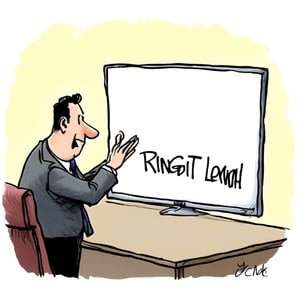 Man clap hand happily. Look at screen, show index and write "RINGGIT LEMAH",cartoon1