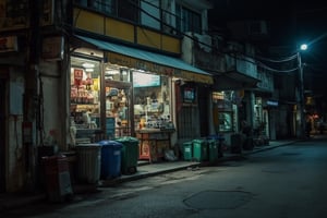 A deserted alleyway behind a dimly lit convenience store at night. Trash cans lined up against the wall, their metal bodies reflecting the faint glow of the streetlights casting long shadows on the dark pavement.,terpaling