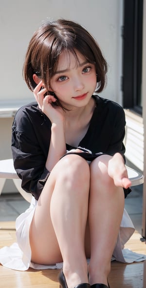 ((((slightly see the white underwear),((blush),(shy expression),(look shyly at the audience)),(a girl with short hair), sitting on the table, shirt, white shirt, long-sleeved shirt, Short skirt, black hip skirt, high heels, full body photo)),(aesthetic),(perfect composition),(beautiful female fingers,FuturEvoLabBeautify),(graceful posture), 64k resolution, sharp details, high definition without distortion, super detailed and clear,HD,hubggirl,(masterpiece:1.3), (8k, photorealistic, RAW photo, best quality: 1.4), (1girl), beautiful face, (realistic face), beautiful hairstyle, realistic eyes, beautiful detailed eyes, (realistic skin), beautiful skin, clean skin, ultra high res, ultra realistic, hightly detailed, golden ratio)