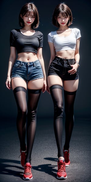 (Taiwanese girls,perfect face,1 girl, cute, short hair, thick bangs, (black and white stripes short top, ), (jeans, tight shorts, very short), (black stockings,Thigh High Stockings) , running shoes, standing, smile, (rouge: 1.5), (Full body photo: 1.4))、(aesthetic),(perfect composition),(beautiful female fingers,FuturEvoLabBeautify), 64k resolution, sharp details, high definition without distortion, super detailed and clear,HD,(masterpiece), (8k, photorealistic, RAW photo, best quality), (1girl), beautiful face, (realistic face), realistic eyes, beautiful detailed eyes, (realistic skin), beautiful skin, clean skin, ultra high res, ultra realistic, hightly detailed, golden ratio,)