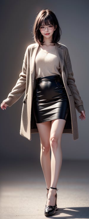 (A cute and aloof girl, 20 years old, glasses, (short hair (black hair, thick bangs)), (knitwear (gray, knitwear)), (long coat, jacket (brown)), (long skirt, Pencil skirt (, black pencil skirt,)), strappy casual shoes, (standing posture (elegant standing posture)), (full body photo: 1.3))、(aesthetic),(perfect composition),(beautiful female fingers,FuturEvoLabBeautify), 64k resolution, sharp details, high definition without distortion, super detailed and clear,HD,(masterpiece), (8k, photorealistic, RAW photo, best quality), (1girl), beautiful face, (realistic face), realistic eyes, beautiful detailed eyes, (realistic skin), beautiful skin, clean skin, ultra high res, ultra realistic, hightly detailed, golden ratio)