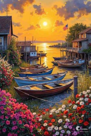 A vibrant painterly scene by Hanna, depicting a sunset over a boat lot filled with an abundance of flowers. The golden sun casts a warm glow, illuminating the boats and vibrant blossoms. The composition frames the boats in the foreground, with the sun setting behind them, creating long shadows and a rich, colorful palette. The flowers are in full bloom, adding a burst of color and life to the scene, while the boats rest peacefully in the foreground. The lighting is soft and warm, enhancing the painterly quality of the image.