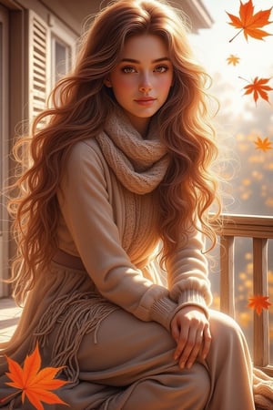 Digital art in the Ra-Lilium style, featuring a beautiful woman wearing long Fall-themed attire with a fringe scarf around her shoulder. She looks directly at the viewer with long, wavy hair. The scene is set during the Fall season, with warm hues dominating the palette. She sits on her balcony outside a country house, with a windy atmosphere and maple leaves gently falling. The artwork has a watercolor style, capturing the serene and picturesque setting.