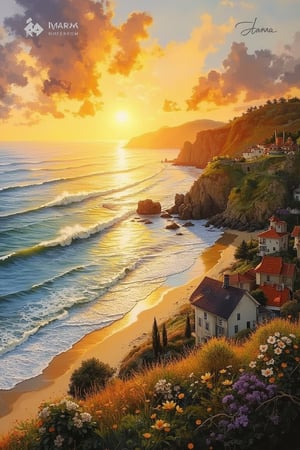 A painterly landscape by Hanna, capturing a serene sunset over a quaint village by the beach. The golden sunlight sparkles on the beautiful waves, creating a warm, glowing atmosphere. The composition frames the village in the foreground, with the sun setting behind the horizon, casting long shadows and illuminating the sparkling water. The scene is bathed in soft, warm light, with the waves gently rolling in, adding a sense of tranquility.