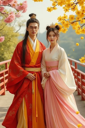 A couple portrait featuring a young man with glasses, long hair tied in a crown and a tie, wearing a gold red hanfu warrior outfit with warrior shoes. Beside him stands a beautiful woman with glasses, a crown, and two buns in her hair, wearing a soft pink and white hanfu. They stand on a bridge with falling yellow sakura, captured in gouache colors with black light paint. The digital acrylic mix painting style is suitable for CG Society.