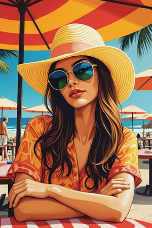 A vibrant Pop Art style illustration of Hanna, a girl wearing a sun hat and a shirt with a skaf pattern, sitting at a restaurant table with a beach background. The scene is framed with bold, contrasting colors and dynamic lines, capturing Hanna in a relaxed pose. The lighting is bright and saturated, highlighting the sun hat and beach setting. The composition focuses on Hanna, with the beach and restaurant elements adding context.