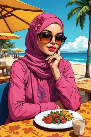 A vibrant Pop Art style illustration of Hanna, a girl wearing a vibrant pink hijab decorated with flowers, sitting at a restaurant table with a beach background. The scene is framed with bold, contrasting colors and dynamic lines, capturing Hanna in a relaxed pose. The lighting is bright and saturated, highlighting the hijab and beach setting. The composition focuses on Hanna, with the beach and restaurant elements adding context.