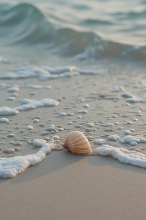 DSLR shot of Hanna standing at the beach, waves gently crashing around her, with bubbles forming in the water. A small shell rests on the sand at her feet. The scene is framed mid-shot, capturing the gentle movement of the water and the delicate details of the shell. The lighting is soft, with the natural light reflecting off the water and sand, creating a serene and peaceful atmosphere. The composition is balanced, focusing on Hanna's serene expression and the interplay between the waves, bubbles, and the shell.