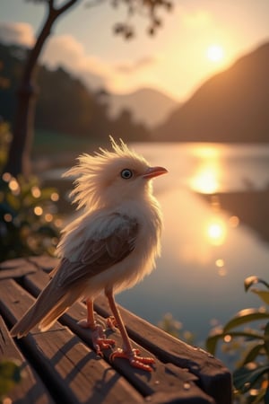 A cute, lithe bird named SparkGlow.hanna perched on a wooden bench, overlooking a serene lake. The scene is bathed in soft, warm light, with the lake reflecting the golden hues of the setting sun. The bird's feathers glisten with a subtle glow, and it tilts its head inquisitively. The composition is centered, with the bench and bird in the foreground, and the tranquil lake and distant mountains in the background.