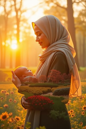 Double exposure image blending a man standing in a sunset park with soft, ethereal lighting and a warm, golden hue. The man's silhouette is slightly transparent, merging with a hijab woman's gentle expression and a baby's delicate features in a vibrant garden backdrop. The woman is in a relaxed, nurturing pose, cradling the baby in her arms. The composition is balanced, with the colorful garden subtly blending into the woman's silhouette, enhancing the mystical, blended effect.