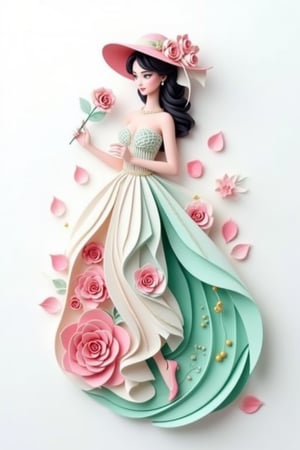 3D paper cut style image of Hanna, a beautiful lady wearing a hat and holding a rose, pink flower petals on her dress, yellow pearls scattered around the skirt, long green tail of flowers trailing behind her back, set against a white background, pastel colors of pink, mint, and light blue, accented with black, intricate paper textures, dynamic lighting, detailed folds and patterns, dramatic composition, digital art.