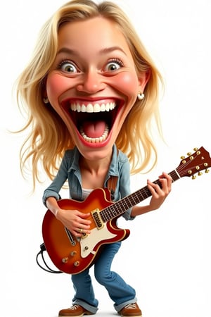 A lively caricature of Hanna, with a wide smile revealing exaggeratedly large teeth, playing a guitar. The scene is brightly lit, with Hanna's joyful expression and the guitar standing out against a simple background. Hanna is framed mid-shot, her pose animated and energetic, with the guitar held confidently in her hands. The composition emphasizes her exaggerated features and the vibrant action of playing the guitar.