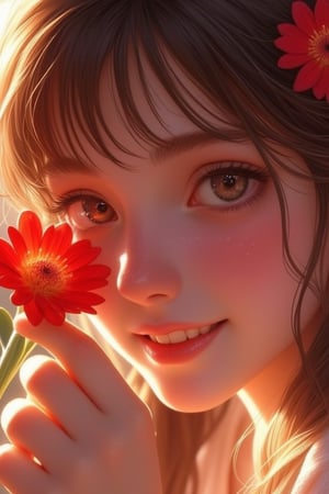 Digital illustration of Hanna, a girl with sparkly eyes and a nice smile, covering half her face with a red flower. The composition is close-up, focusing on her expressive eyes and delicate smile. The red flower adds a soft, floral accent, with the background subtly blurred to highlight her features. The lighting is soft and warm, enhancing the overall warmth and charm of the scene.